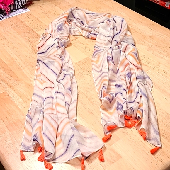 Scarf with Orange Tassels Lightweight 14x70” - Picture 3 of 5